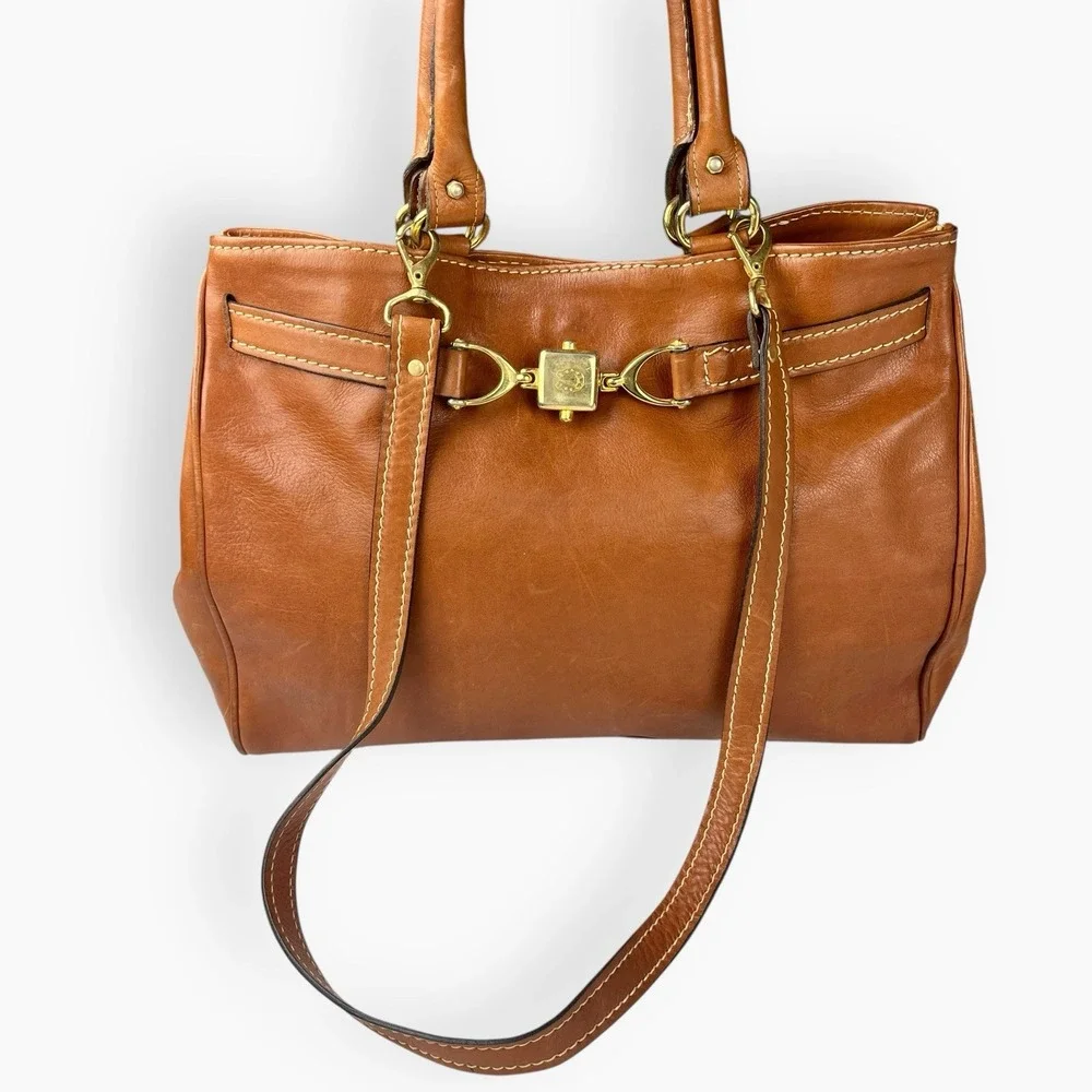 Vintage Brown Leather Double Handle Tote Bag Satchel Horse Bit Lock Horseshoe‎